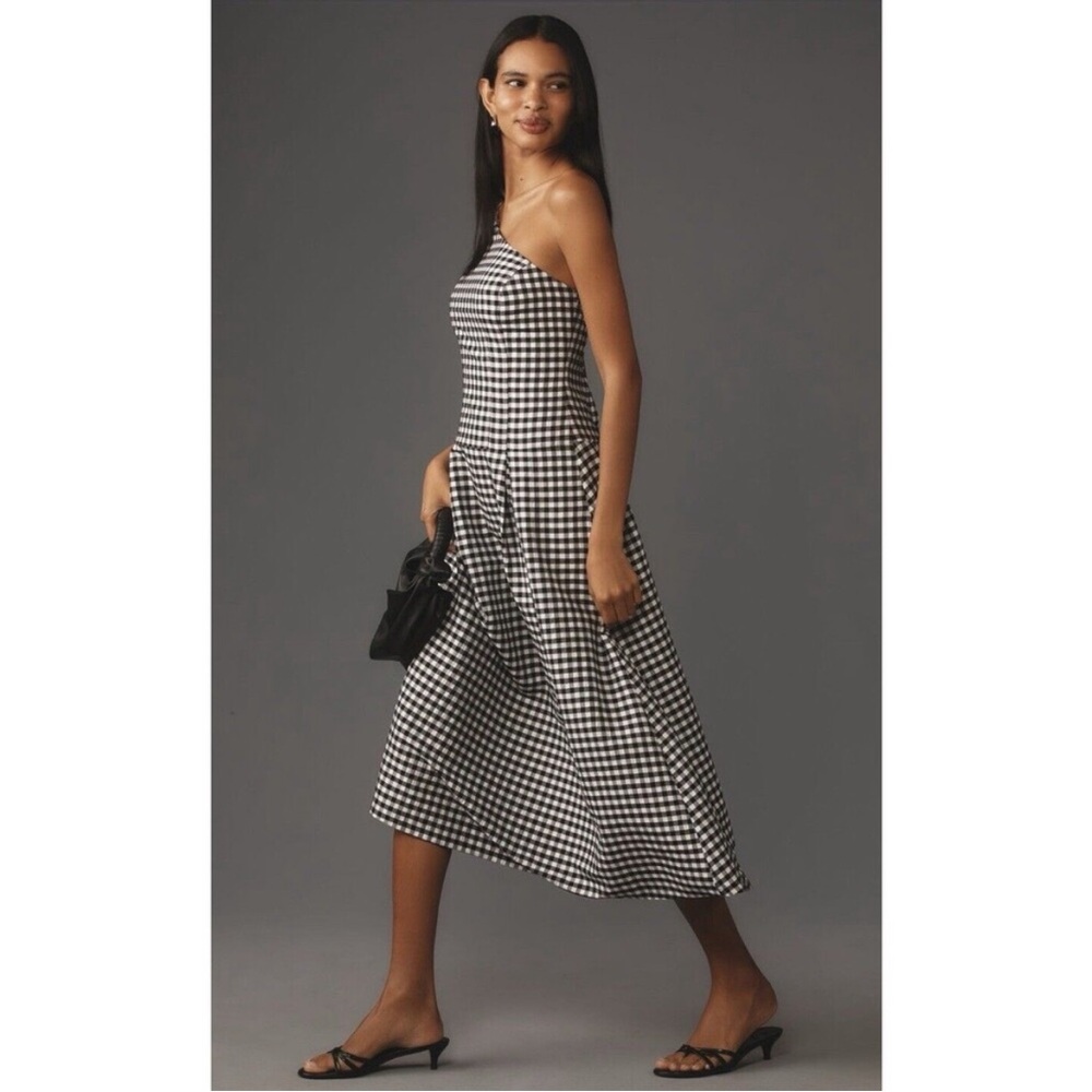 By Anthropologie One-Shoulder Gingham Midi Dress Checkered Picnic Dress S
